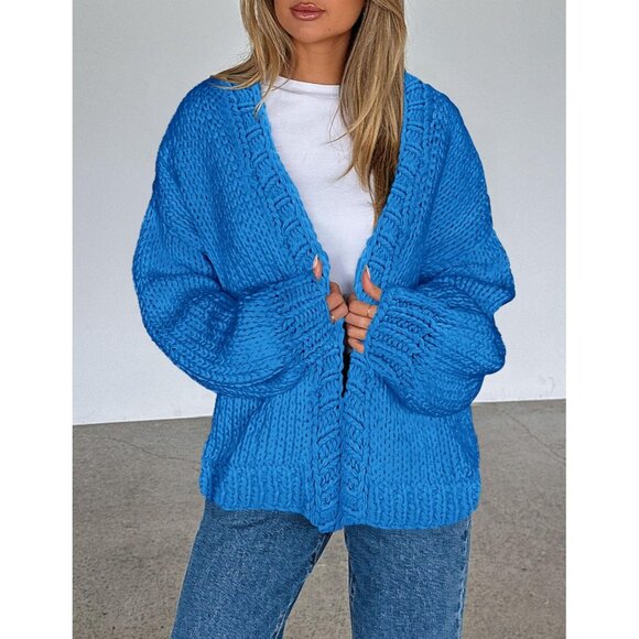 Womens Trendy Cardigan Sweaters Blue Long Sleeve Chunky Knit Outfits - Picture 6 of 8